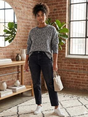 Lou & Grey Floral Print Boxy Cropped Sweatshirt Gray Medium